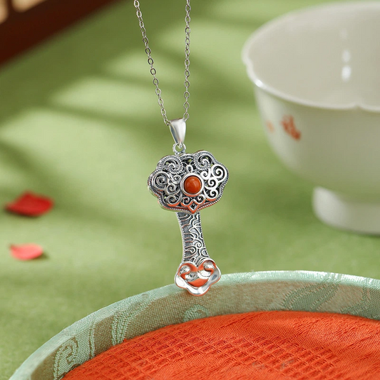 South Red Agate Hollowed-out Carved Pendant Nacklace in the Shape of a Ruyi (Treasure)