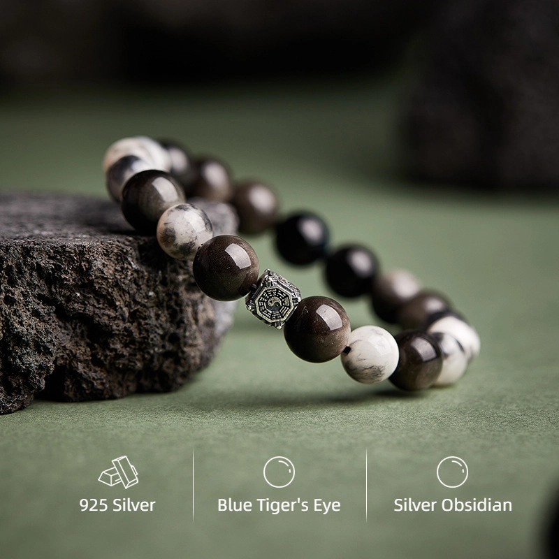TerraDharma "Focused Serenity & Spiritual Healing" Blue Tiger's Eye & Silver Obsidian Bracelet