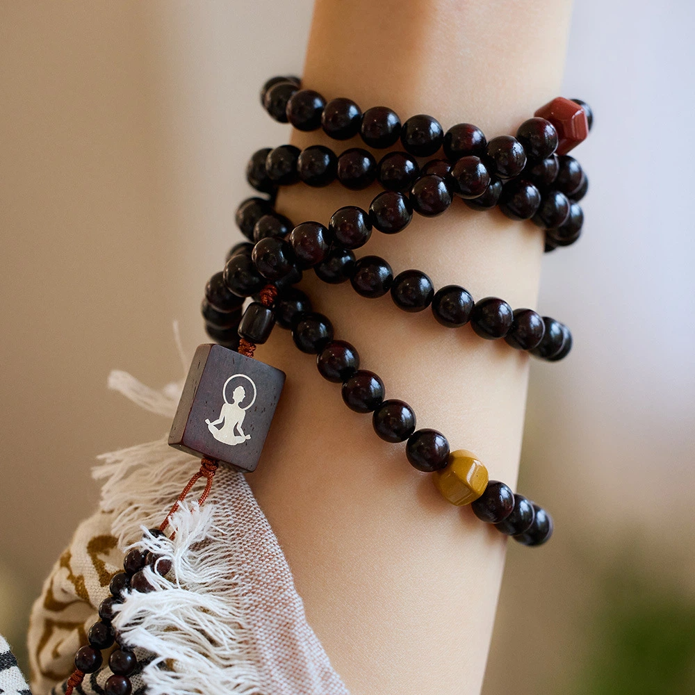 TerraDharma "Stress Dissipation & Soul Rejuvenation" Natural 108 Pterocarpus Santalinus Prayer Beads Bracelet