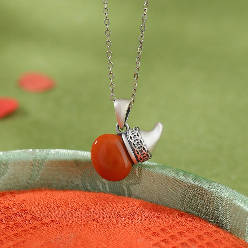 TerraDharma "Wealth-Grasping Luck & Peaceful Harmony" South Red Agate Gourd-shaped Pendant Nacklace (with Fu Pattern)