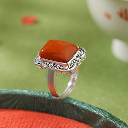 Natural South Red Agate Adjustable Open-Ring （with Auspicious Pattern Sterling Silver)