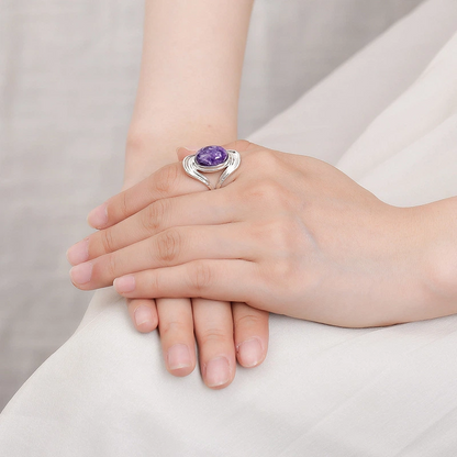Natural Oval Charoite Sterling Silver Ring (with Simple Design)
