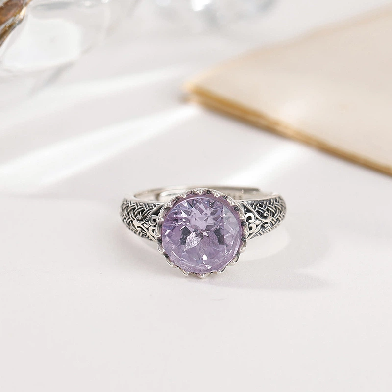 TerraDharma "Spiritual Awakening & Negativity Shield" Amethyst & Lotus - Engraved Silver Open Ring