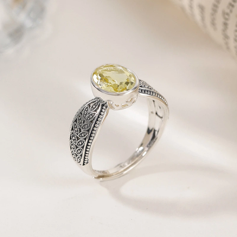 Citrine/Amethyst & Silver Wheat Ear Pattern Open Ring