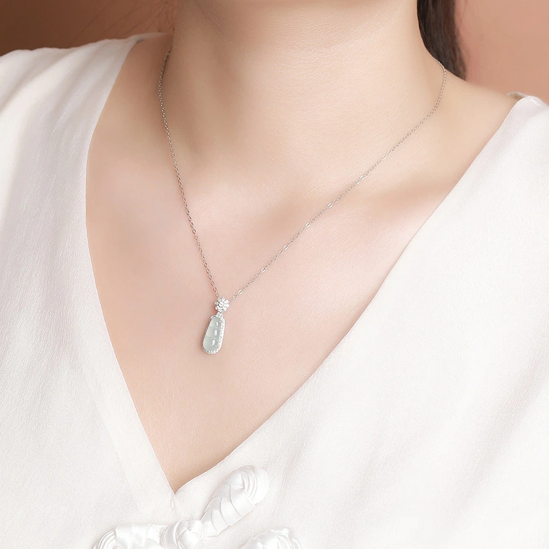 TerraDharma "Longevity Blessing & Fruitful Luck" Blue Water Jade of Fortune Pod Pendant Nacklace (with Sterling Silver)