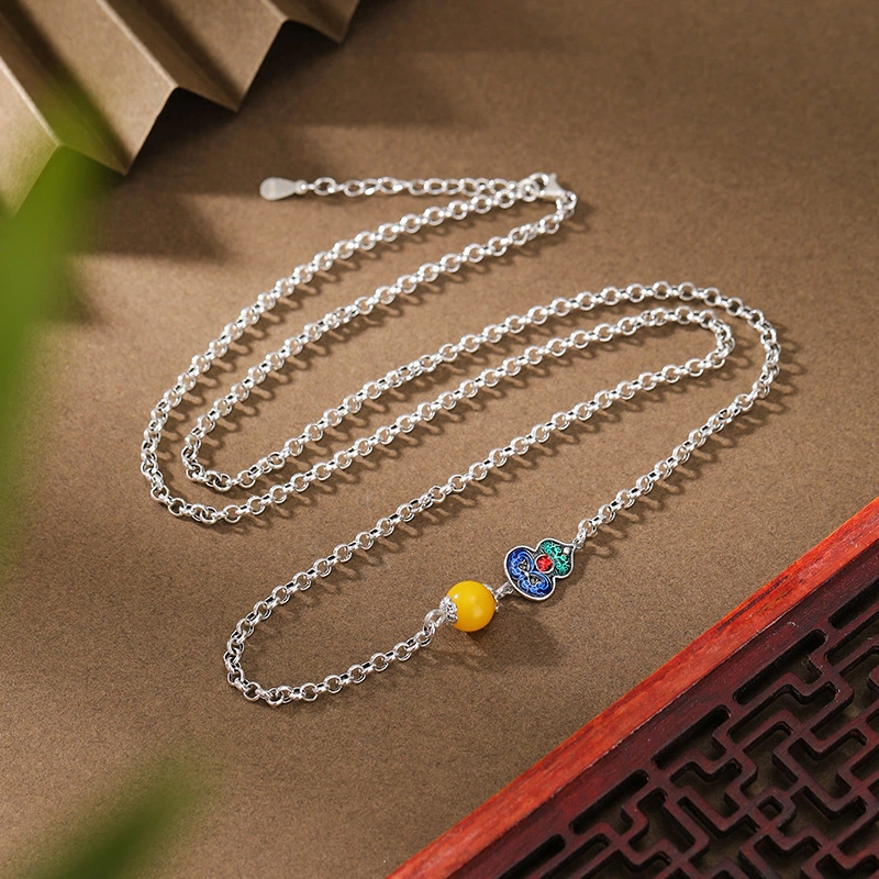 Beeswax & Cloisonné Gourd Sterling Silver Necklace