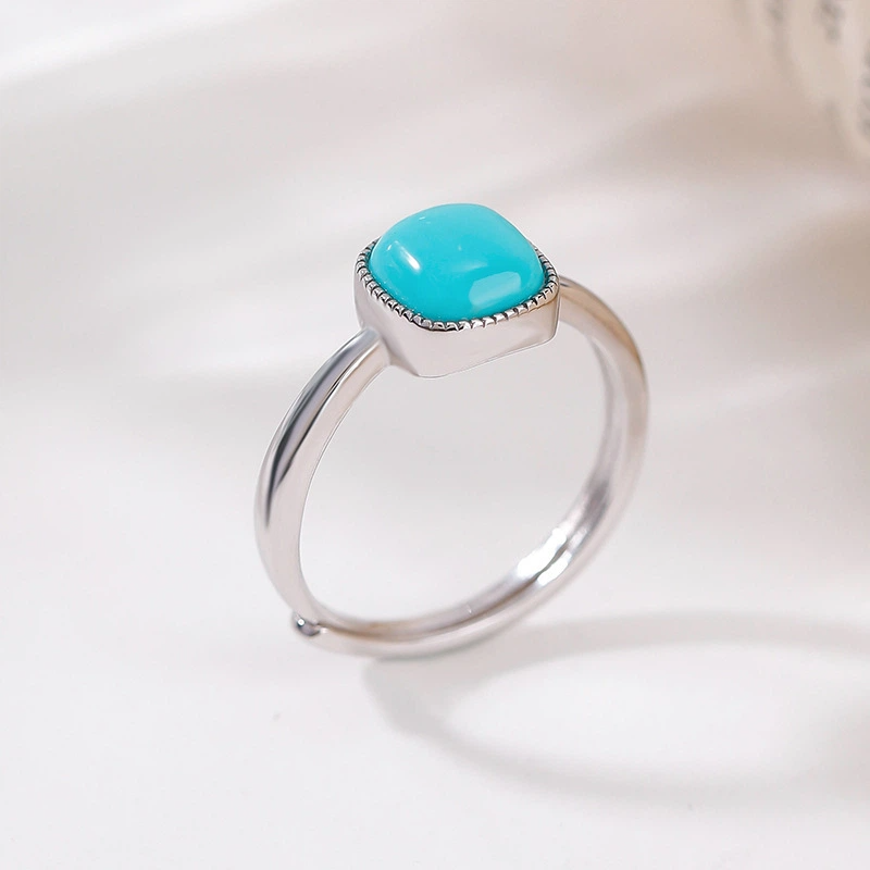 TerraDharma "Heart Harmony & Soul Grounding" Turquoise Geometric Sugar Cube Tooth-Patterned Silver Open Ring