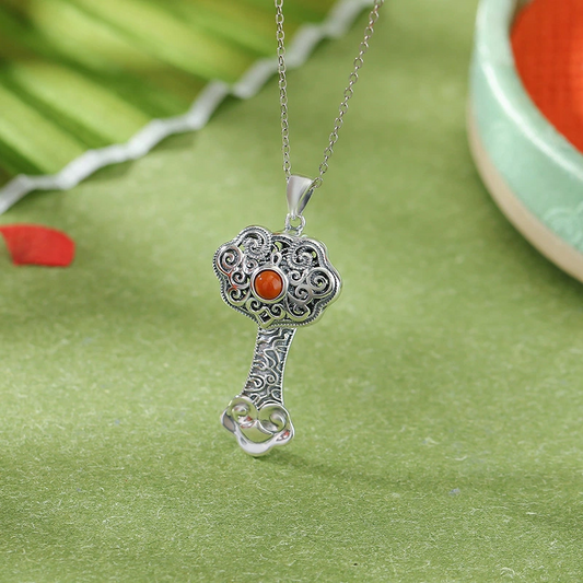 South Red Agate Hollowed-out Carved Pendant Nacklace in the Shape of a Ruyi (Treasure)