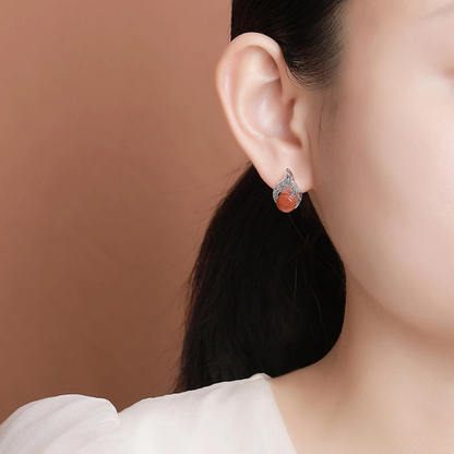 South Red Agate &amp; Scroll - Patterned Silver Stud Earrings