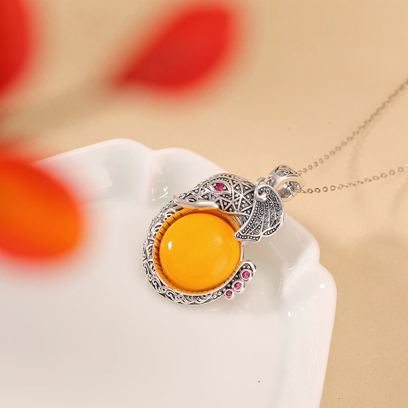 TerraDharma "Auspicious Guardianship & Nurturing Fortune" Amber & Lucky Elephant Pendant Necklace
