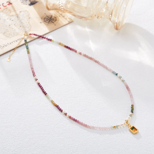 Natural Rainbow Tourmaline Necklace (with Zhaki Lamu Thangka & Freshwater Pearls)