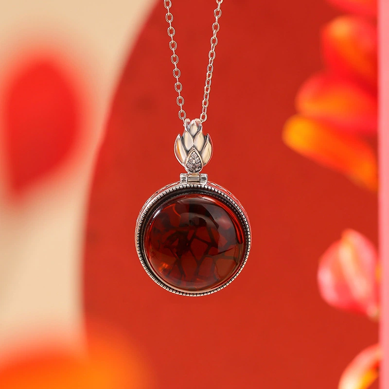 TerraDharma "Timeless Fortune & Resilient Growth" Hollowed-out Pendant Nacklace of Nature Amber / Blood Amber