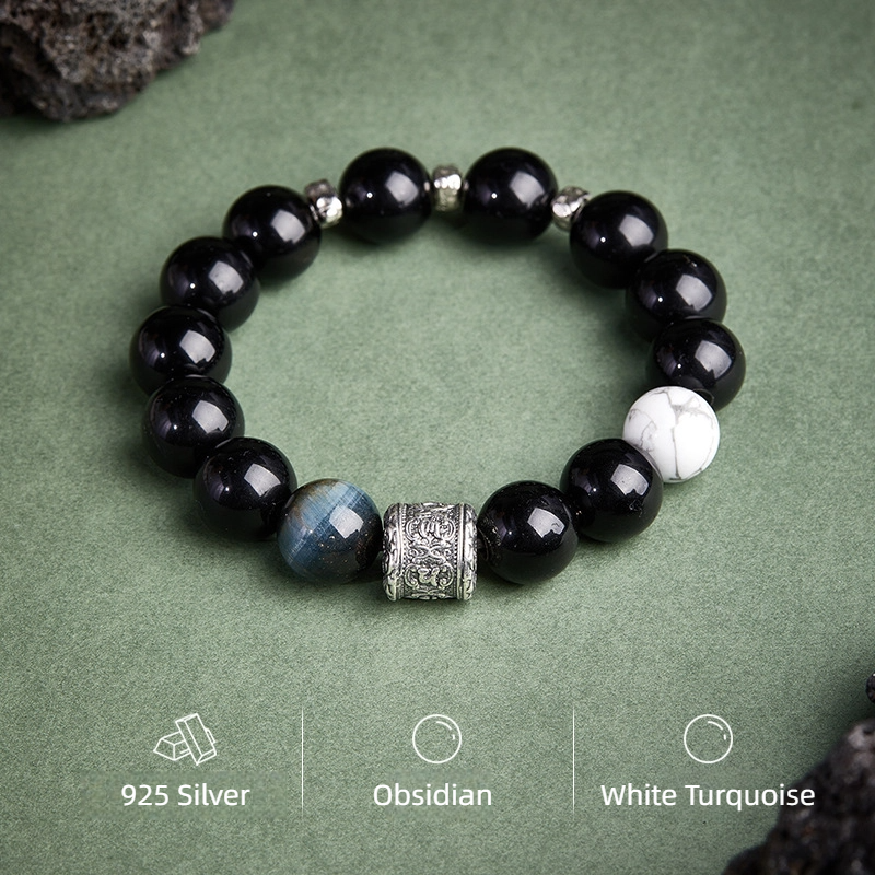 TerraDharma "Stress Alleviation & Spiritual Purification" Obsidian & White Turquoise with Six Syllable Mantra Beaded Bracelet