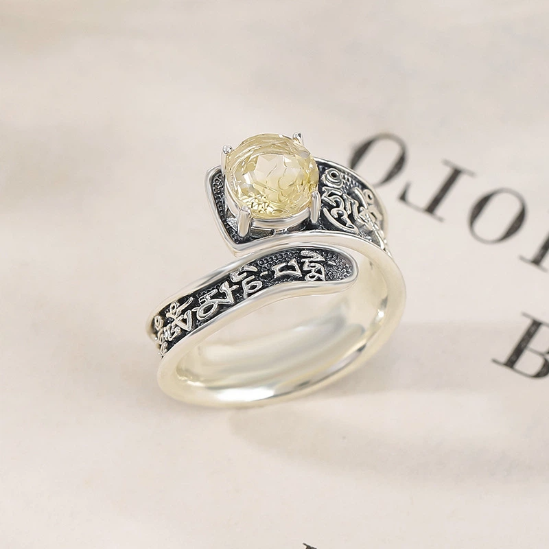 TerraDharma "Prosperity Amplification & Enlightened Harmony" Amethyst/Citrine Faceted Six-Syllable Mantra Open Ring