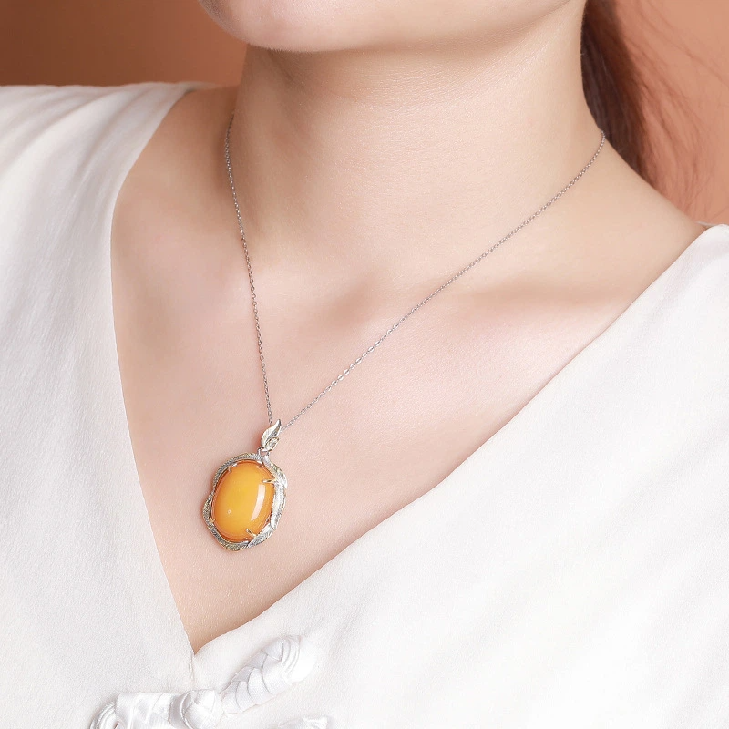 TerraDharma "Vitality Unfolding & Strength-Infused Blessing" Amber & Leaf - Shaped Gilded Silver Pendant Nacklace