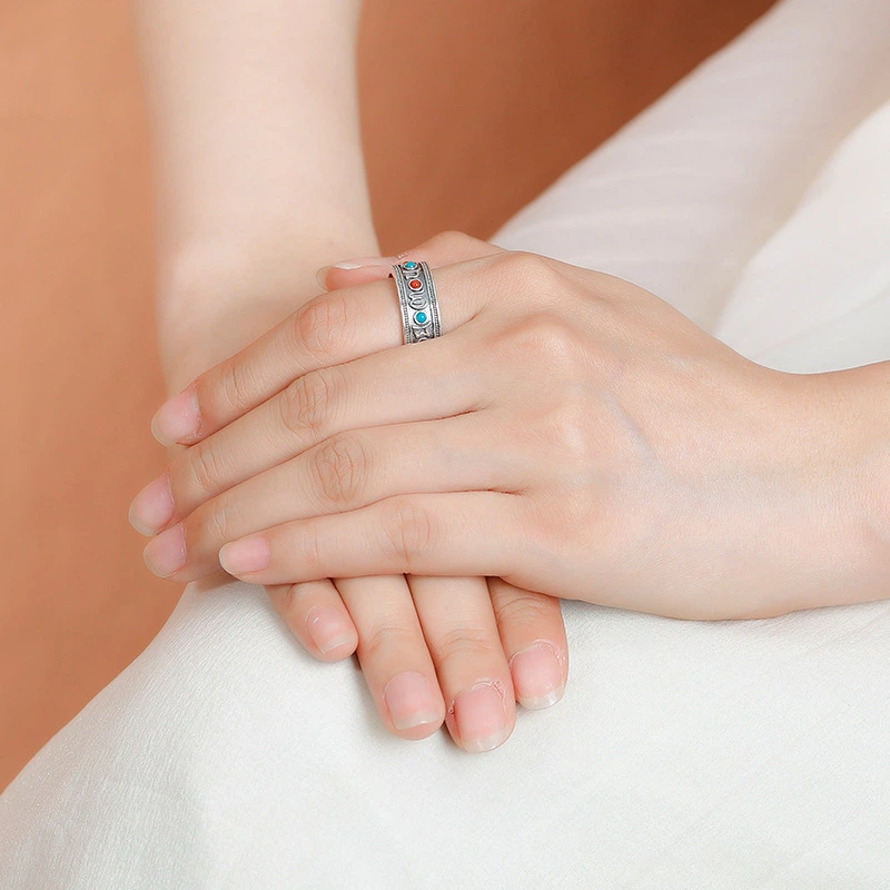 TerraDharma "Mantra Blessing & Mind Cleansing" South Red Agate & Turquoise with Six-Syllable Mantra Silver Open Ring