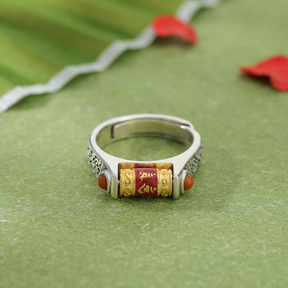 South Red Agate & Six - Syllable Mantra Silver Ring