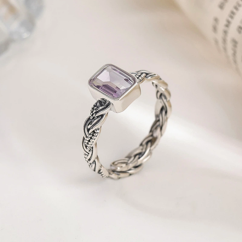 Retro Open Ring with Citrine/Amethyst and Silver Weaving Pattern