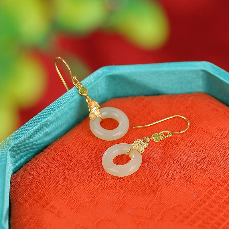 TerraDharma "Emotion Balance &  Divine Protection" Hetian Jade Peace Amulet & Gilded Ginkgo Leaf Earrings