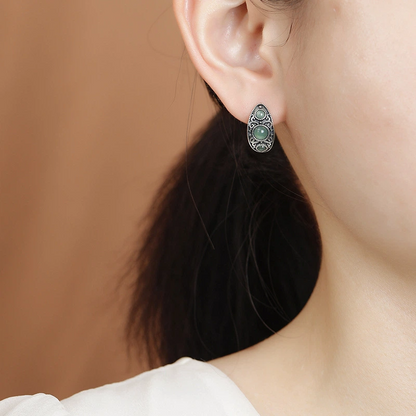 Blue Water Jadeite & Silver Scroll (Tang - Grass) Pattern Earrings