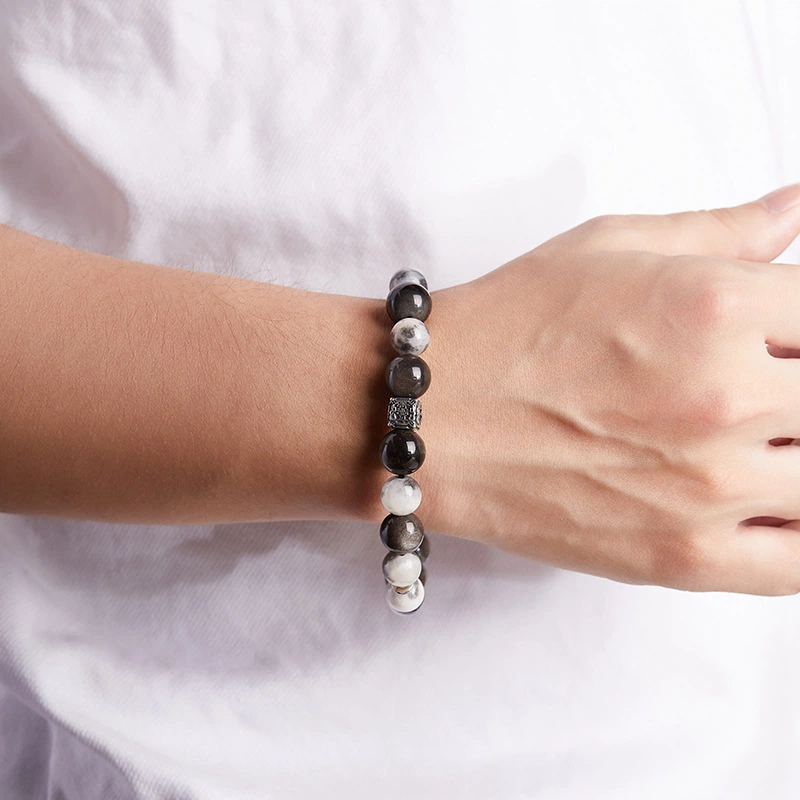 TerraDharma "Focused Serenity & Spiritual Healing" Blue Tiger's Eye & Silver Obsidian Bracelet