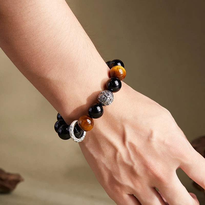 Obsidian & Gold Tiger's Eye Beaded Bracelet