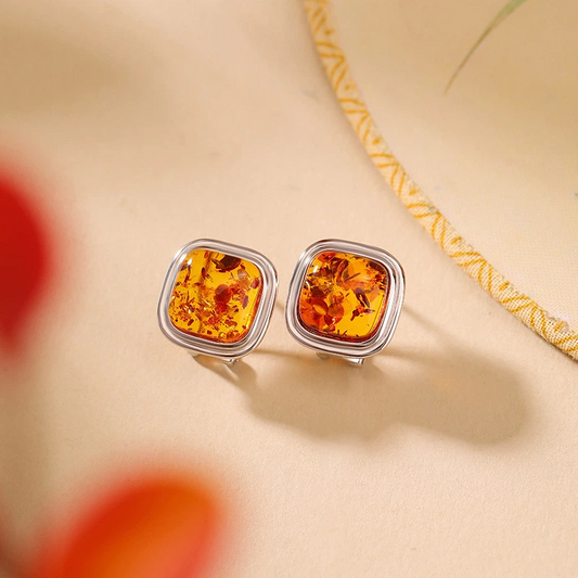 Flower Amber Retro Simple Design Square Stud Earrings with Clip-on Function (Sterling Silver)