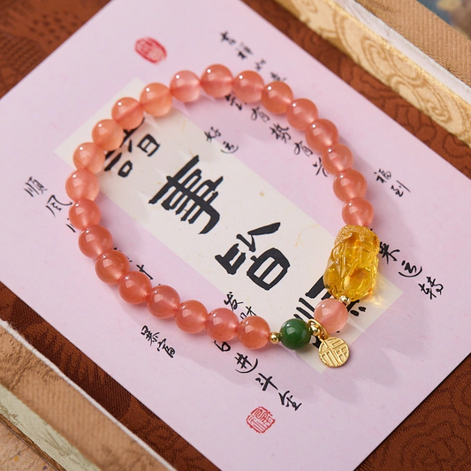 Natural Cerise Red Agate Bracelet (with Amber Pi Yao)