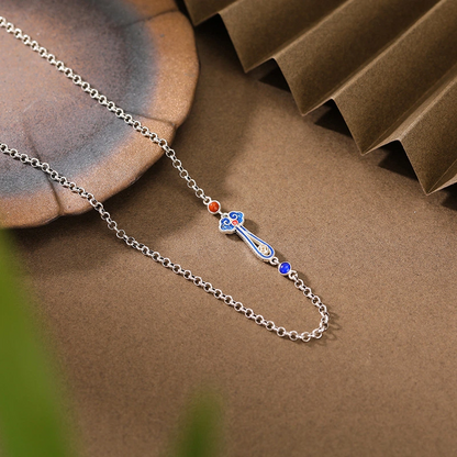 South Red Agate & Cloisonné Ruyi Sterling Silver Necklace