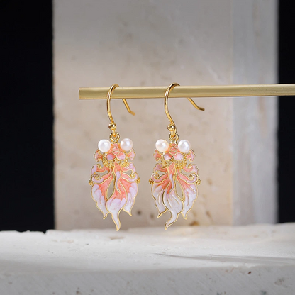 Freshwater Pearl with Pink Enamel Koi Earrings