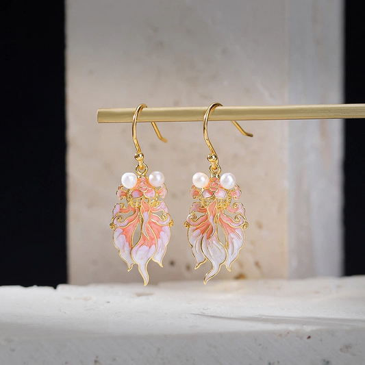 Freshwater Pearl with Pink Enamel Koi Earrings