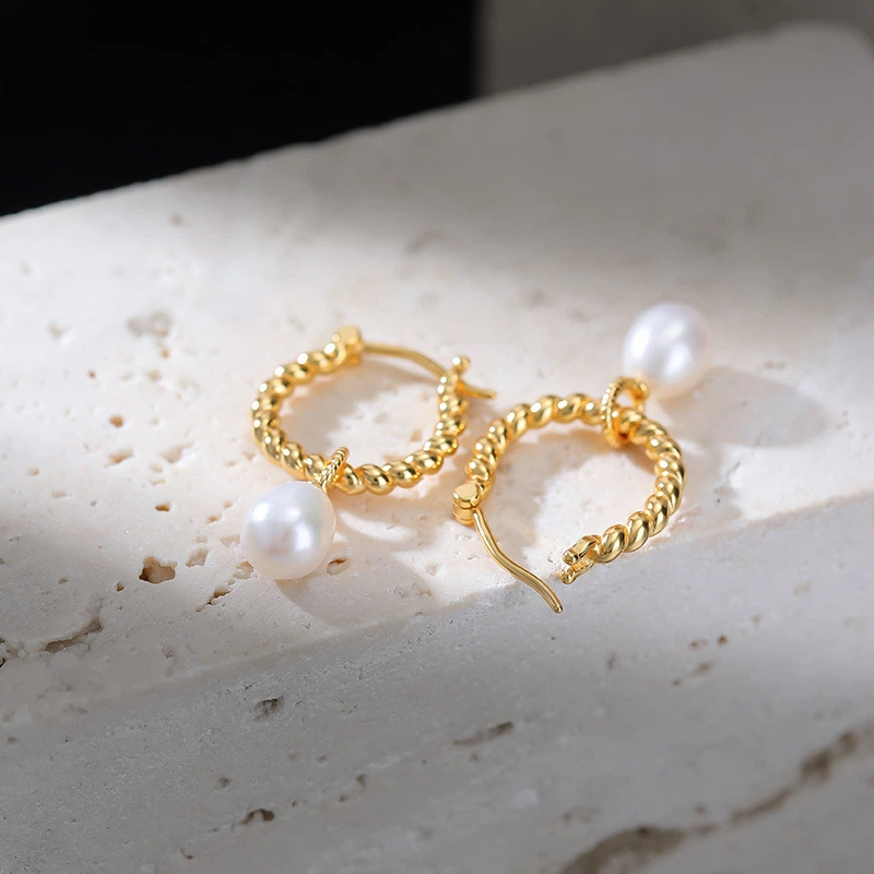 TerraDharma "Flowing Luck & Elegant Prosperity" Freshwater Pearl with Twisted Pattern Earrings