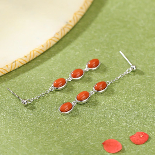 South Red Agate Egg-shaped Bead Tassel Silver Earrings