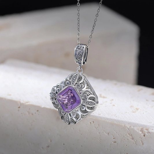 Amethyst & Scroll Pattern Rhombus Silver Pendant Nacklace