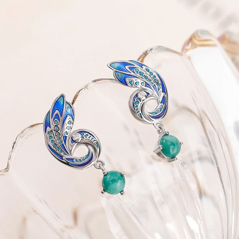 TerraDharma "Heart Harmony & Nurturing Energy" Enamel Peacock-shaped Earrings with Turquoise Stones
