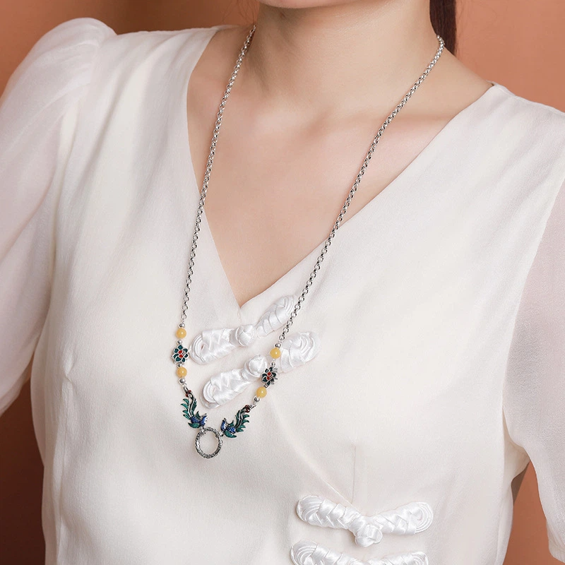 TerraDharma "Prosperity Ascension & Nurturing Fortune" Amber & Cloisonné Phoenix and Lotus Necklace