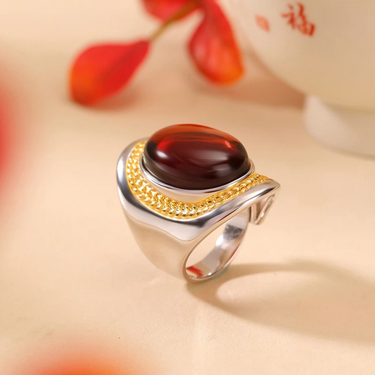 Blood Amber & Wheat Ear - Patterned Ring