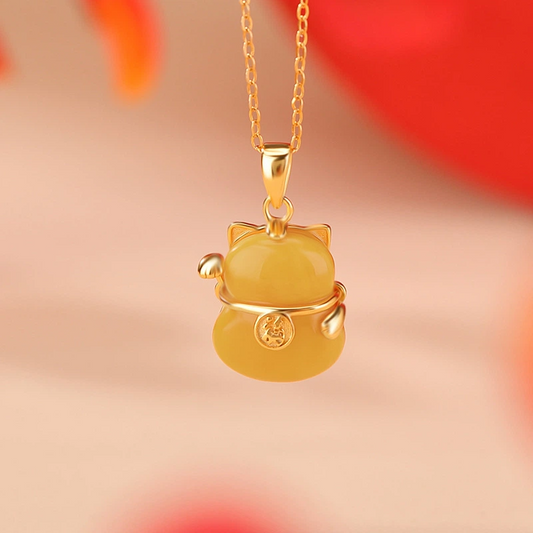 Beeswax Pendant Nacklace of Beckoning Cat (with Gold-plated Sterling Silver Fu Character）