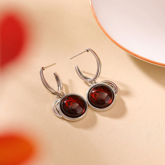 Blood Amber &amp; Hollow - Out Rose Silver Earrings