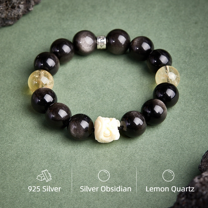 Ivory Nut of Awakening Lion & Lemon Quartz and Silver Obsidian Bracelet