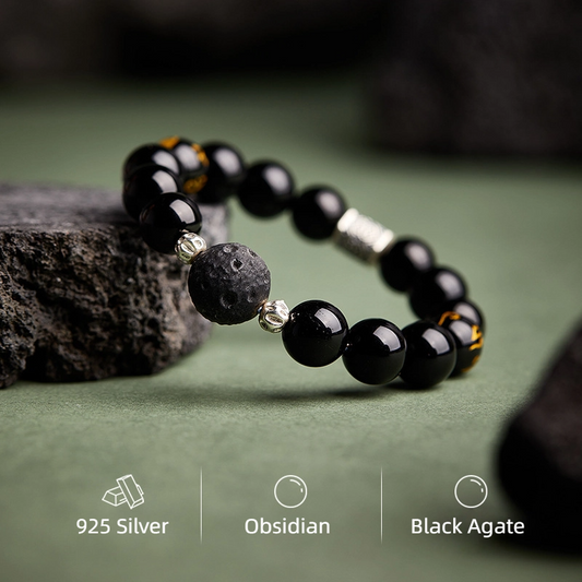 Obsidian & Six Syllable Mantra Black Agate Beaded Bracelet
