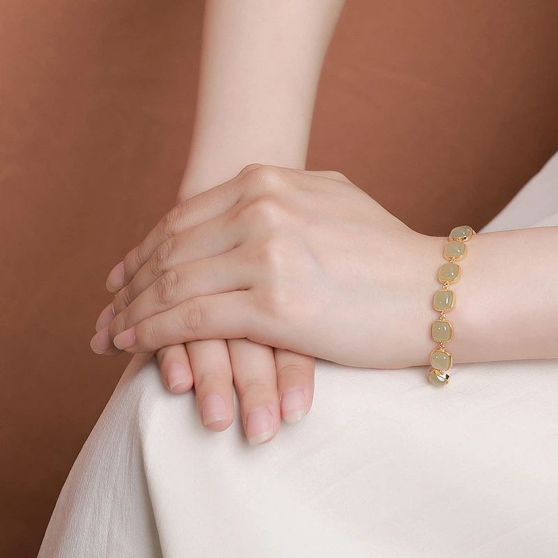 Natural Hetian Jade Geometric Square Bead Bracelet (with Gold-plated Silver)