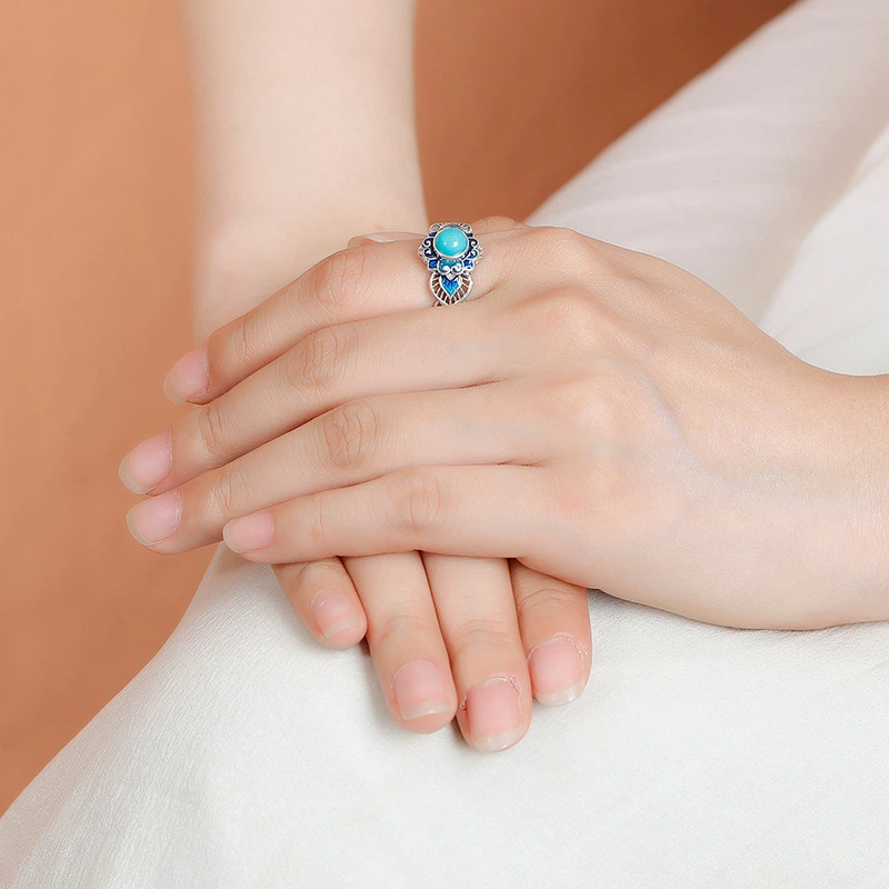 Natural Turquoise Ring (with Enamel and Sterling Silver Engraving)