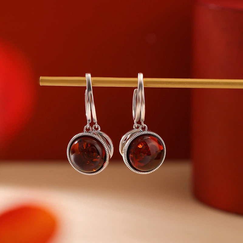 Blood Amber &amp; Hollow - Out Rose Silver Earrings