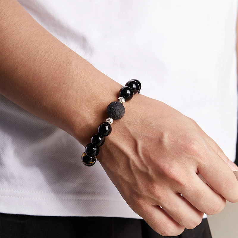 TerraDharma "Stability Blessing & Divine Protection" Obsidian & Six Syllable Mantra Black Agate Beaded Bracelet