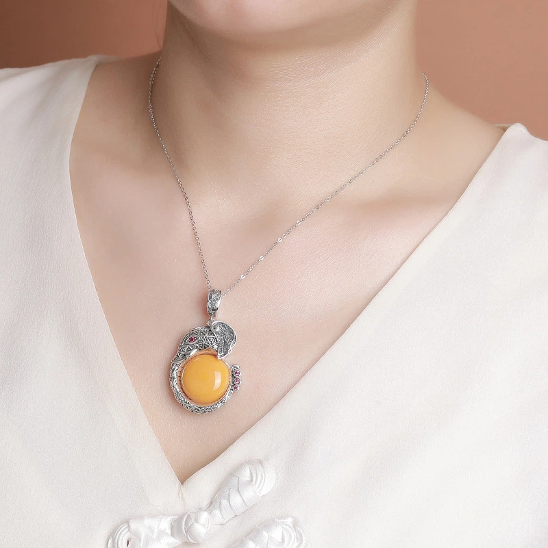 TerraDharma "Auspicious Guardianship & Nurturing Fortune" Amber & Lucky Elephant Pendant Necklace