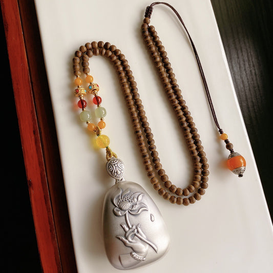 Agarwood Necklace with Sterling Silver Pendant (Matched with The Heart Sutra)