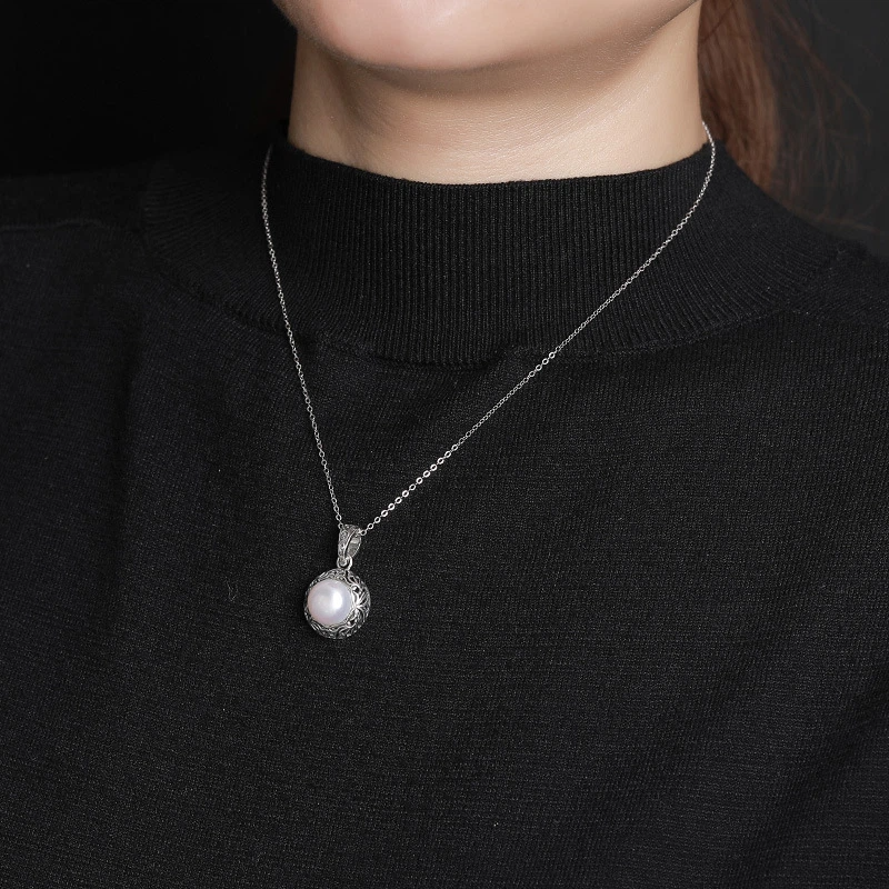 TerraDharma "Vitality Unfolding & Innocent Fortune" Freshwater pearl with Scroll Pattern Pendant Necklace