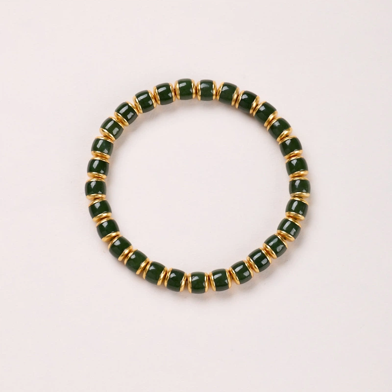 TerraDharma "Spirit Soothing & Emotional Balance" Natural Barrel-shaped Beads of Hetian Nephrite Jade Bracelet