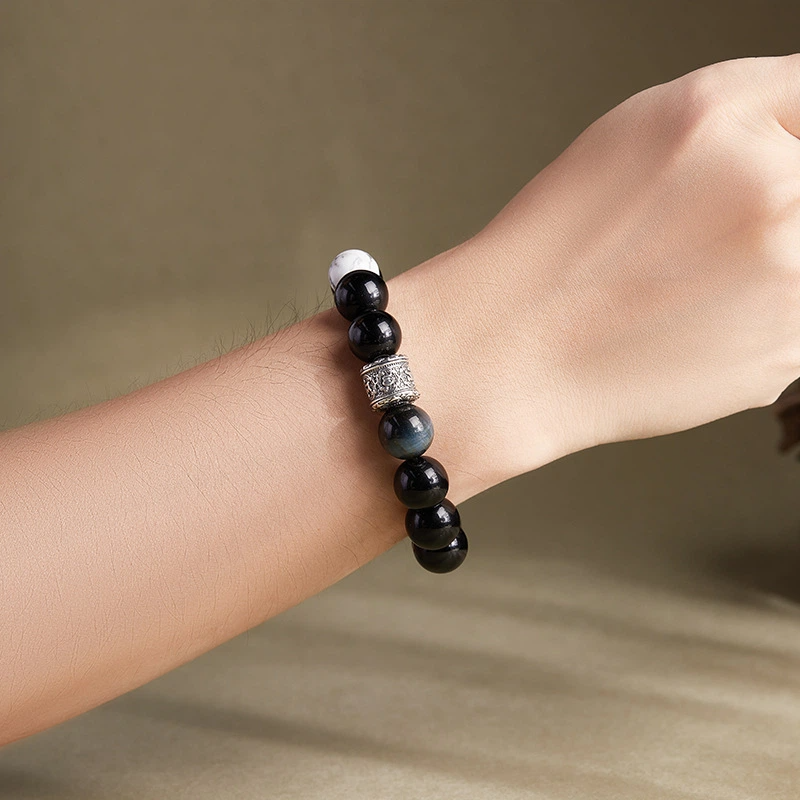 TerraDharma "Stress Alleviation & Spiritual Purification" Obsidian & White Turquoise with Six Syllable Mantra Beaded Bracelet